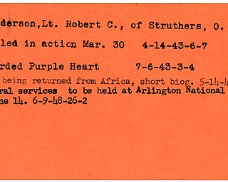 World War II, Vindicator, Robert C. Henderson, Struthers, killed, 1943, award, Purple Heart, 1948