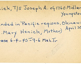 World War II, Vindicator, Joseph A. Henick, Youngstown, wounded, Pacific, Okinawa, Mary Henick, 1945, Mahoning, Trumbull