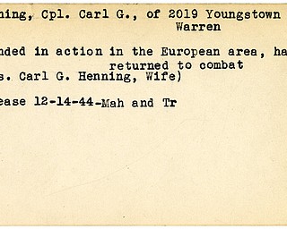 World War II, Vindicator, Carl G. Henning, Warren, wounded, Europe, 1944, Mahoning, Trumbull