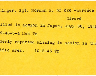 World War II, Vindicator, Norman E. Henninger, Girard, killed, Japan, 1945, 1946, Mahoning, Trumbull, missing, Pacific