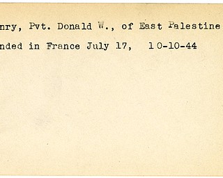 World War II, Vindicator, Donald W. Henry, East Palestine, wounded, France, 1944, Mahoning