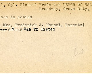 World War II, Vindicator, Richard Frederick Hensel, USMCR, Grove City, wounded, Frederick J. Hensel, 1945, Mahoning, Trumbull