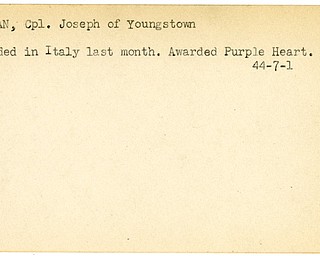 World War II, Vindicator, Joseph Herman, Youngstown, wounded, Italy, award, Purple heart, 1944