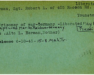 World War II, Vindicator, Robert A. Herman, liberated, Youngstown, prisoner, Germany, Alta L. Herman, 1945, Mahoning, Trumbull
