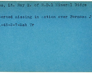 World War II, Vindicator, Ray E. Hess, Mineral Ridge, missing, Formosa, 1945, Mahoning, Trumbull