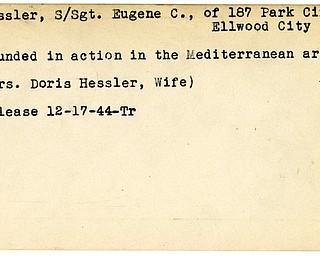 World War II, Vindicator, Eugene C. Hessler, Ellwood City, wounded, Mediterranean, Doris Hessler, 1944, Trumbull