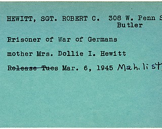 World War II, Vindicator, Robert C. Hewitt, Butler, prisoner, Germany, Dollie I. Hewitt, 1945, Mahoning, Trumbull