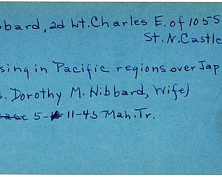World War II, Vindicator, Charles E. Hibbard, New Castle, missing, Pacific, Pacific, Dorothy M. Hibbard, 1945, Mahoning, Trumbull