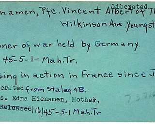 World War II, Vindicator, Vincent Albert Hienamen, Youngstown, prisoner, Germany, 1945, Mahoning, Trumbull, missing, France, liberated, Edna Hienamen