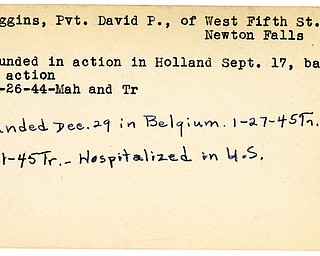 World War II, Vindicator, David P. Higgins, Newton Falls, wounded, Holland, 1944, Mahoning, Trumbull, Belgium, 1945, hospitalized