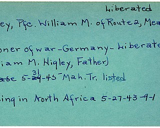 World War II, Vindicator, William M. Higley, liberated, Meadville, prisoner, Germany, 1945, Mahoning, Trumbull, missing, Africa, 1943