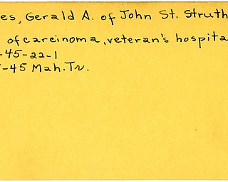 World War II, Vindicator, Gerald A. Himes, Struthers, died, carcinoma, veteran's hospital, 1945, Mahoning, Trumbull