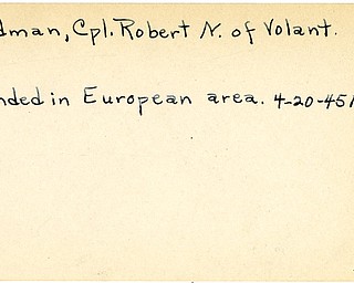 World War II, Vindicator, Robert N. Hindman, Volant, wounded, Europe, 1945, Mahoning, Trumbull