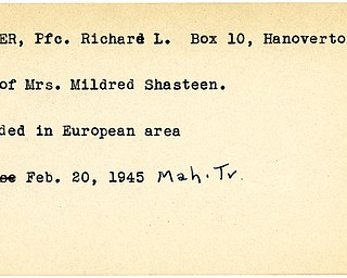 World War II, Vindicator, Richard L. Hiner, Hanoverton, wounded, Europe, 1945, Mahoning, Trumbull, Mildred Shasteen