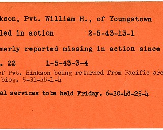 World War II, Vindicator, William H. Hinkson, Youngstown, missing, killed, 1943, body returned, from Pacific area, 1948, funeral
