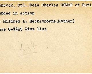 World War II, Vindicator, Dean Charles Hitchcock, Butler, wounded, 1945, Mildred L. Heckathrone
