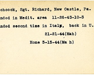 World War II, Vindicator, Richard Hitchcock, New Castle, Pennsylvania, wounded, Mediterranean, 1943, wounded second time, Italy, back in U.S, 1944, home, Mahoning