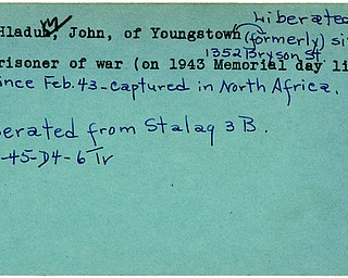 World War II, Vindicator, John Hladun, Youngstown, prisoner, captured, North Africa, 1943, Memorial Day List, liberated, Stalag, 1945, Trumbull, Hladuty, Hladuwy