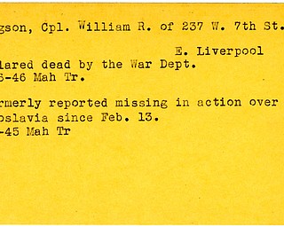 World War II, Vindicator, William R. Hodgson, East Liverpool, dead, 1945, Mahoning, Trumbull, missing, Yugoslavia, 1945