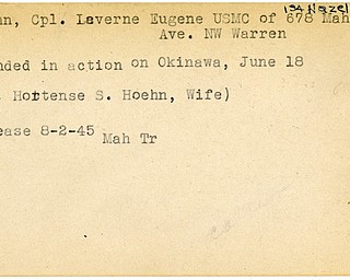 World War II, Vindicator, Laverne Eugene Hoehn, Warren, wounded, Okinawa, 1945, Mahoning, Trumbull, Mrs. Hortense S. Hoehn