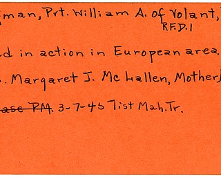 World War II, Vindicator, William A. Hoffman, Volant, Pennsylvania, killed, Europe, 1945, Mahoning, Trumbull, Margaret J. McLallen