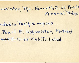World War II, Vindicator, Kenneth C. Hofmeister, Mineral Ridge, wounded, Pacific, 1945, Mahoning, Trumbull, Pearl E. Hofmeister
