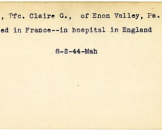 World War II, Vindicator, Claire G. Hogue, Enon Valley, Pennsylvania, wounded, France, hospital, England, 1944, Mahoning