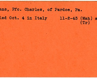 World War II, Vindicator, Charles Holans, Pardoe, Pennsylvania, killed, Italy, 1943, Mahoning, Trumbull
