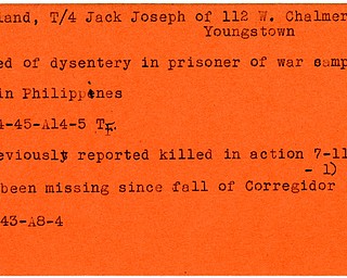 World War II, Vindicator, Jack Joseph Holland, Youngstown, died, dysentery, prisoner, Philippines, 1945, Trumbull, previously reported killed, killed, 1944, missing, Corregidor, 1943