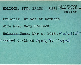 World War II, Vindicator, Frank Hollock, Butler, prisoner, Germany, liberated, 1945, Mahoning, Trumbull, Mary Hollock