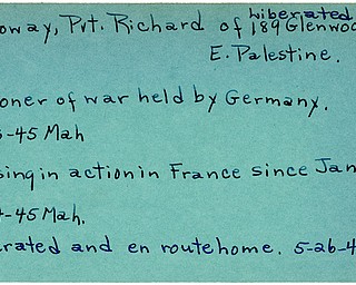 World War II, Vindicator, Richard Holloway, East Palestine, prisoner, Germany, missing, France, liberated, 1945, Mahoning, en route home