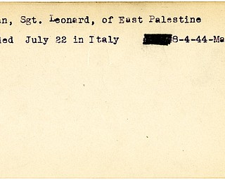 World War II, Vindicator, Loenard Holman, East Palestine, wounded, Italy, 1944, Mahoning