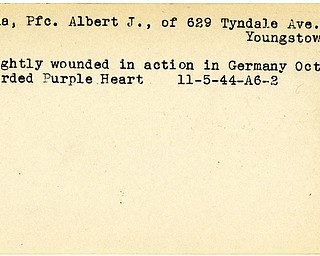 World War II, Vindicator, Albert J. Homa, Youngstown, wounded, Germany, award, Purple Heart, 1944