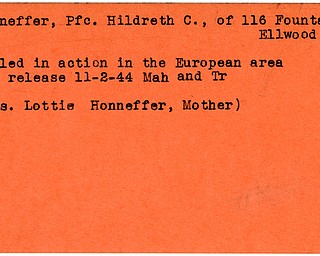 World War II, Vindicator, Hildreth C. Honneffer, Ellwood City, killed, Europe, 1944, Mahoning, Trumbull, Lottie Honneffer