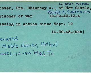 World War II, Vindicator, Chauncey A. Hoover, New Castle, Pennsylvania, missing, prisoner, 1943, liberated, 1945, Mahoning, Trumbull, Mable Hoover