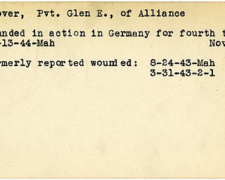World War II, Vindicator, Glen E. Hoover, Alliance, wounded, 1943, wounded fourth time, Germany, 1944, Mahoning