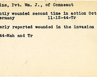 World War II, Vindicator, Wm. J. Hopkins, Conneaut, wounded, wounded second time, Germany, 1944, Trumbull, Mahoning