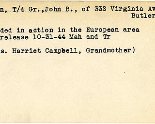 World War II, Vindicator, John B. Horan, Butler, wounded, Europe, 1944, Mahoning, Trumbull, Harriet Campbell