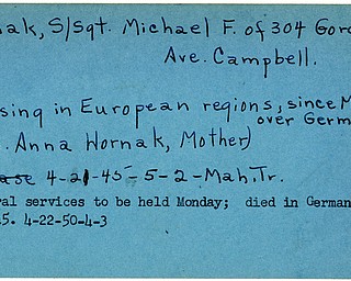 World War II, Vindicator, Michael F. Hornak, Campbell, missing, Europe, Germany, died, 1945, funeral service, 1950, Anna Hornak, Mahoning, Trumbull