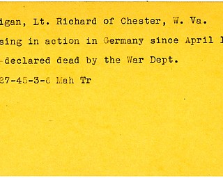 World War II, Vindicator, Richard Horrigan, Chester, West Virginia, missing, Germany, declared dead, dead, 1945, Mahoning, Trumbull