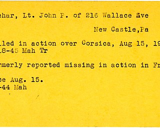 World War II, Vindicator, John P. Hoschar, New Castle, Pennsylvania, missing, France, 1944, killed, Corsica, 1945, Mahoning, Trumbull