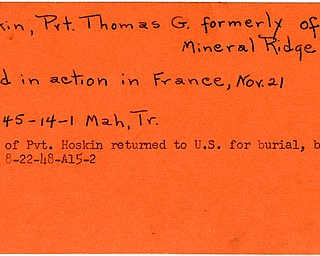 World War II, Vindicator, Thomas G. Hoskin, Mineral Ridge, killed, France, 1945, body returned to U.S., burial, 1948, Mahoning, Trumbull