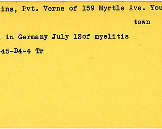 World War II, Vindicator, Verne Hoskins, Youngstown, died, myelitis, Germany, 1945, Trumbull