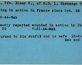 World War II, Vindicator, Elmer W. Houk, Shenango Township, wounded, Italy, missing, France, returned to outfit, safe, 1944, Mahoning, Trumbull