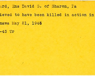 World War II, Vindicator, David G. Howard, Sharon, Pennsylvania, believed, killed, Okinawa, 1945, Trumbull