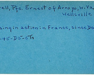 World War II, Vindicator, Ernest Howell, Arroyo, West Virginia, near Wellsville, missing, France, 1945, Trumbull
