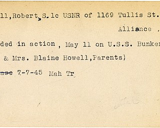 World War II, Vindicator, Robert S. Howell, Alliance, wounded, USS Bunker Hill, 1945, Mahoning, Trumbull, Mr. & Mrs. Blaine Howell
