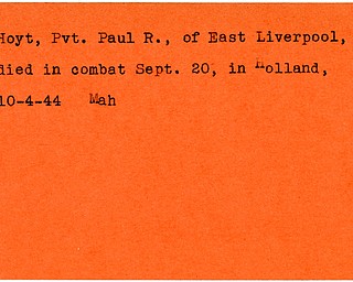 World War II, Vindicator, Paul R. Hoyt, East Liverpool, died, killed, Holland, 1944, Mahoning