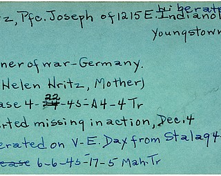 World War II, Vindicator, Joseph Hritz, Youngstown, prisoner, Germany, missing, liberated, V-E Day, Stalag, 1945, Mahoning, Trumbull, Helen Hritz