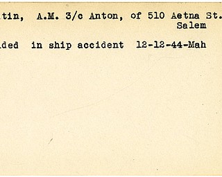 World War II, Vindicator, Anton Hrvatin, Salem, wounded, ship accident, 1944, Mahoning